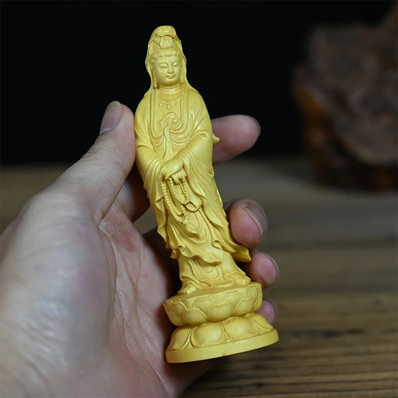 Wood Carving Figurine Of Avalokitesvara Small Buddhist Buddha Statue Aesthetic Temple Worship Crafts Living Room Decor Ornaments