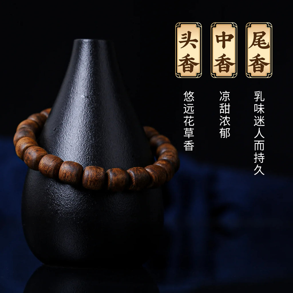 Yingge Green Agarwood Barrel Bead Bracelet with South Red Agate for Women Buddhist Prayer Beads Gifts