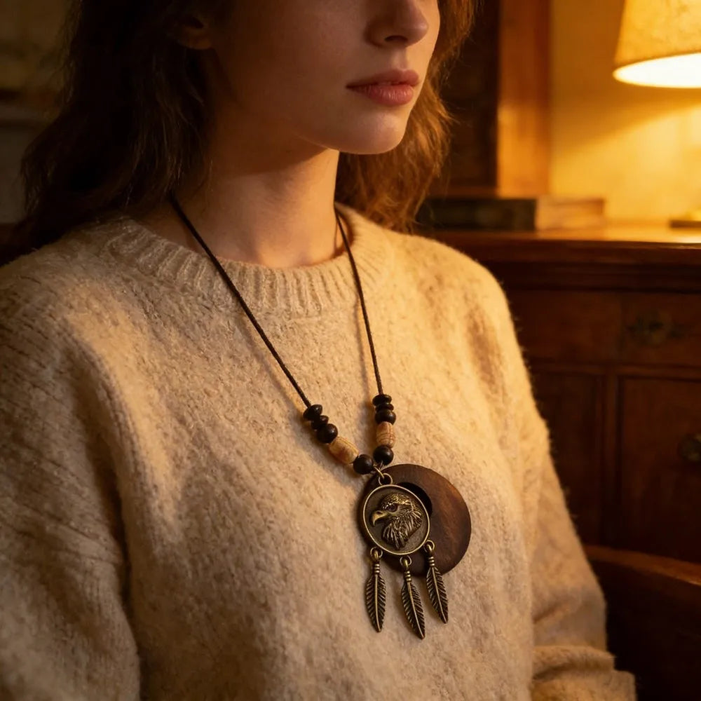 Vintage Boho Sweater Chain Hollow Leaves Leather Chain Wooden Pendant Necklace Handmade Long Clothing Pendant Gifts