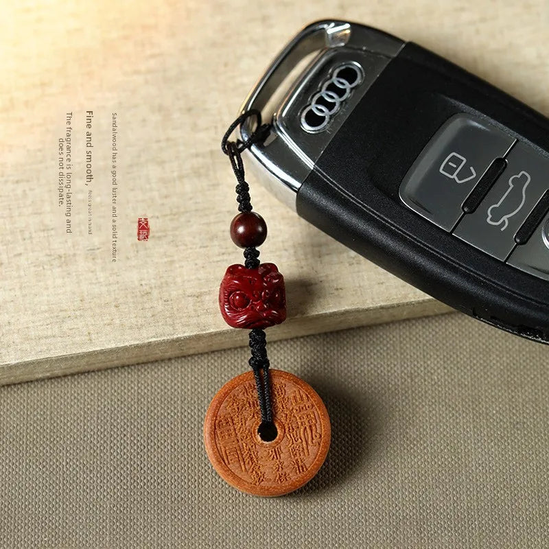 Chinese Traditional Lucky Carved Black Persimmon Wood Agarwood Mountain Ghost Coin Pendant Phone Chain Amulet Blessing Fortune