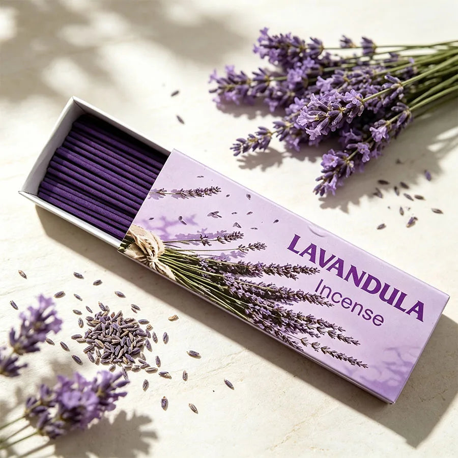 1 Box Contains 30-35 Handcrafted Purple Lavender Incense Sticks, with a High-Quality Lavender Floral Scent, Suitable for Home, Indoor Use, Hotels, Outdoor Camping, Parties, Reading, Yoga, and as a Gift Box for Friends. Festive Atmosphere.