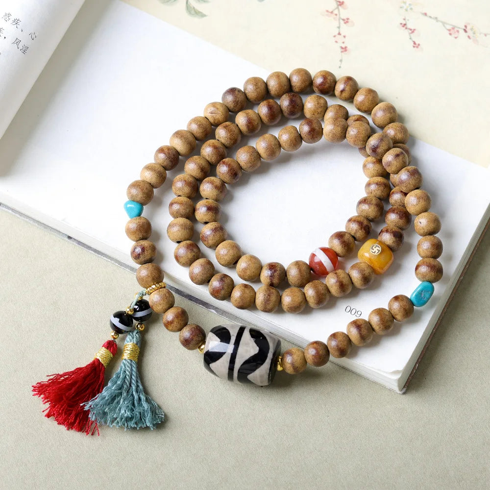 Triple Loop Butter Agarwood Bracelet Chinese Style Necklace with Double Tiger Tooth Dzi Bead Bone Clavicle Chain Gifts