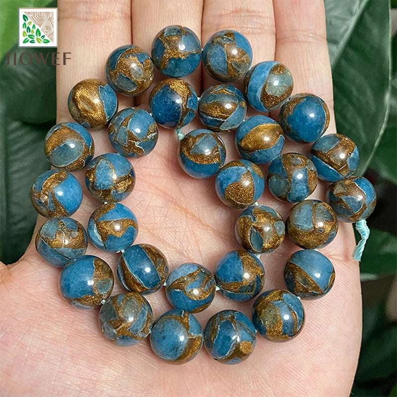 Natural Stone Golden Stripe Lake Blue Cloisonne Round Beads for Jewelry Making Diy Handmade Bracelet 15" Strand 4/6/8/10/12MM