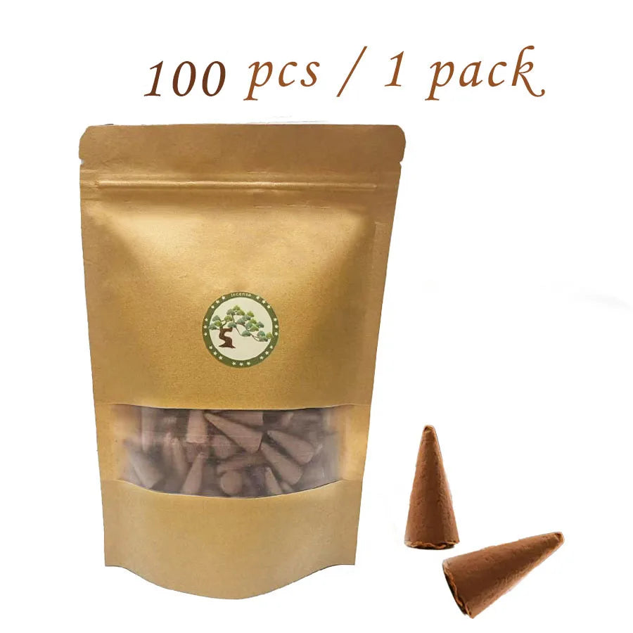 1 pack of 100/150 pcs high-quality coffee-scented incense cones, rich aroma, 20-minute burning time, long-lasting fragrance, suitable for home kitchens, living rooms, bedrooms, outdoor camping, gardens, and parties, sealed in a kraft paper bag
