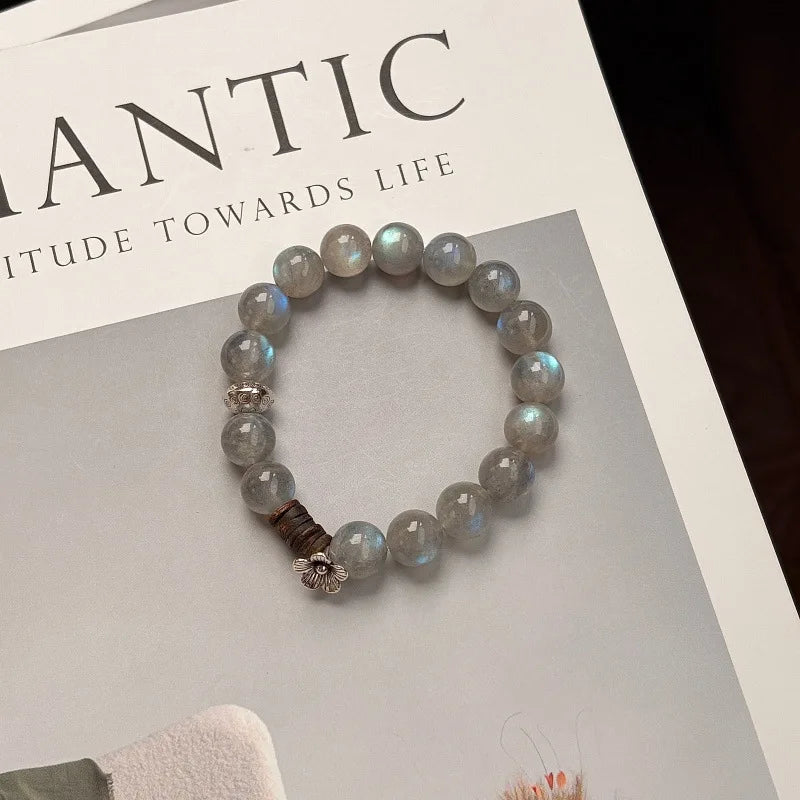 2026 Galaxy Flower Natural Grey Moonstone Crystal Beaded Bracelet Agarwood Chinese Style Zen Design Elegant Fashion Jewelry for