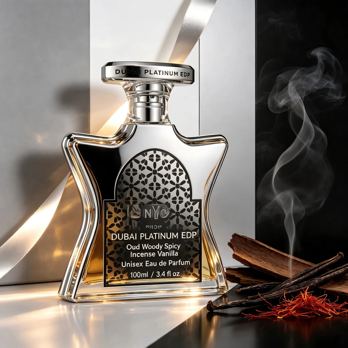 Bond No. 9 Dubai Platinum EDP Unisex Perfume, 3.4 fl oz/100ml, 1 Bottle, Oud Woody Spicy Incense Vanilla Long Lasting Fragrance, Birthday Gift, Fall, Halloween, Thanksgiving, Black Friday, Christmas, New Year Holiday Gift