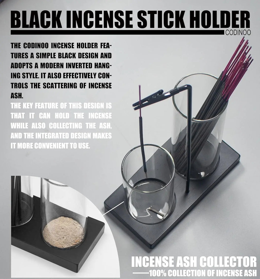 2 in 1 Glass Backflow Incense Holder with Storage Ash Catcher Black