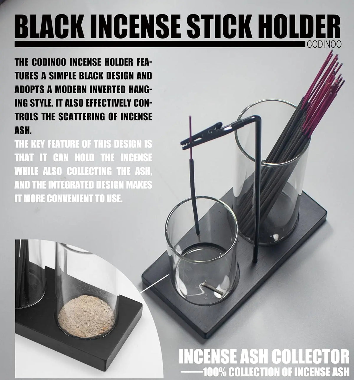 2 in 1 Glass Backflow Incense Holder with Storage Ash Catcher Black