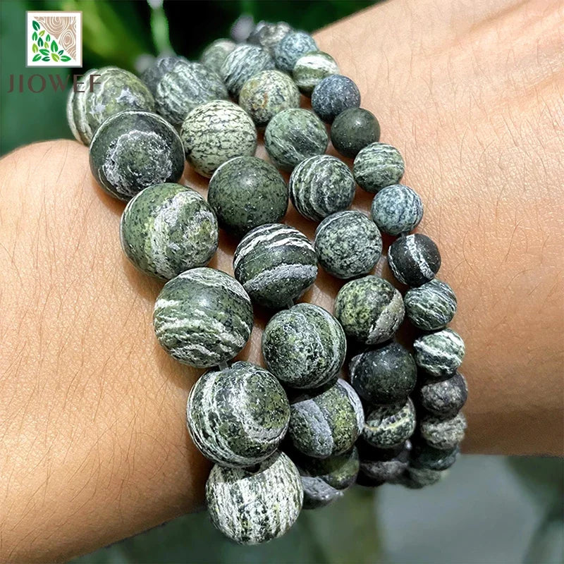 Natural Stone Matte Green Zebra Jaspers Loose Beads for Diy Handmade Bracelet Earrings Jewelry Making 15" Inch 4 6 8 10 12MM