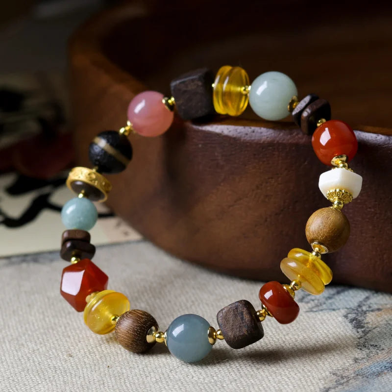 New Chinese-style amber multi-bead bracelet with barrel beads, agarwood, and southern red agate in traditional Chinese style