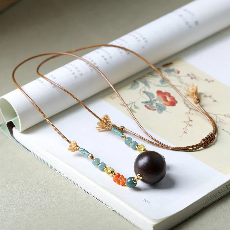 Handwoven White Agarwood Necklace Natural South Red Agate Jade Sweater Chain New Chinese Style Wishing Luck Gifts
