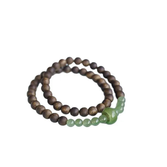 New Chinese Style Double Loop Natural Hetian Jade Beaded Agarwood Bracelet with Running Ring for Men and Women Gifts