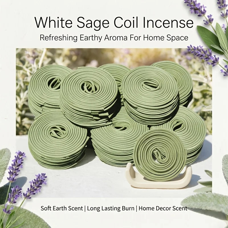 White sage scented spiral incense, 2.5-inch diameter handmade coil incense, 3-4 hours burning time, light and fresh fragrance, suitable for yoga, meditation, home, office, and outdoor use, convenient and portable