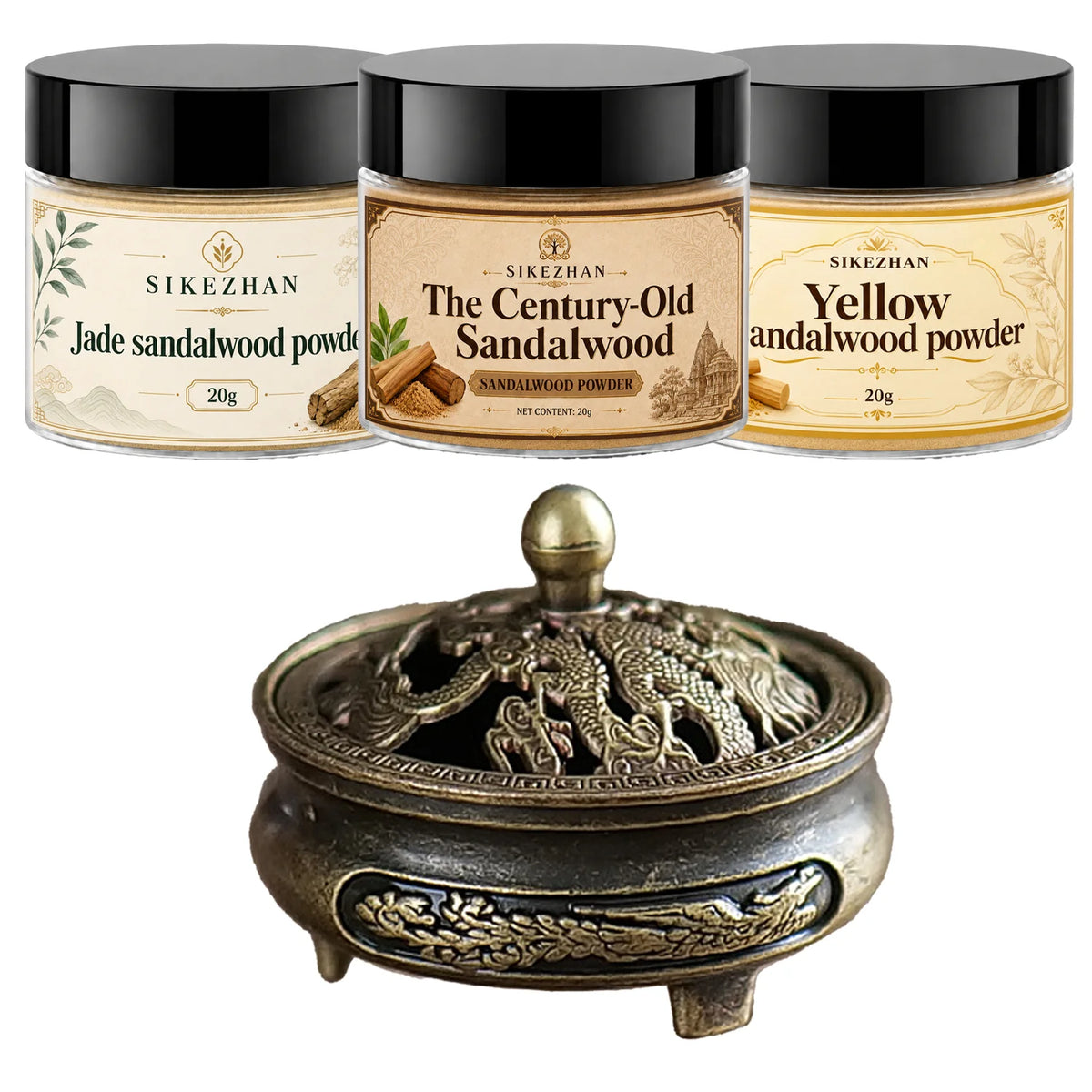 100% Pure Sandalwood Incense Powder 20g Kit Vintage Brass Burner Antique Dragon Censer For Zen Yoga Meditation Home Aromatherapy