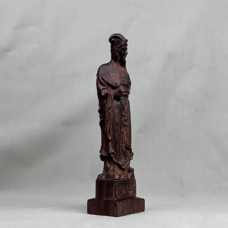 Hand-Carved Agarwood Zhuge Liang Statue - 18.1" Solid Wood Kongming Figurine for Home Office Decor, Feng Shui Ornament