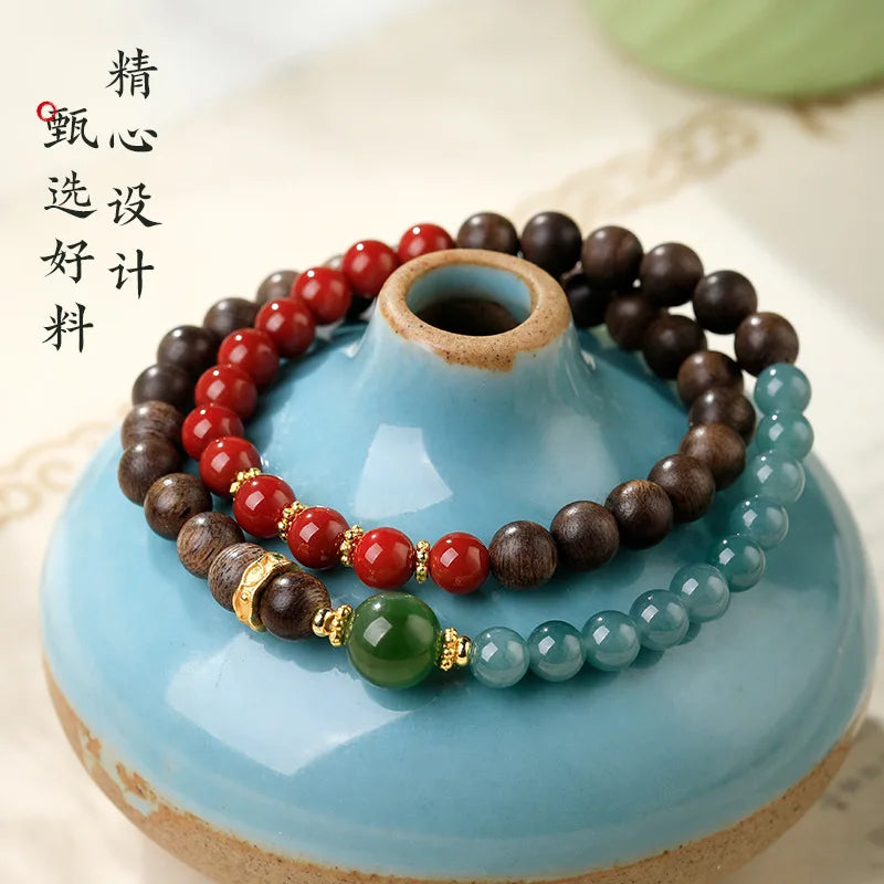 90% Natural Agarwood Bracelet with Blue Water Jadeite, Nanhong Agate, Jasper Fortune Beads & Crown Design - Women's Gift