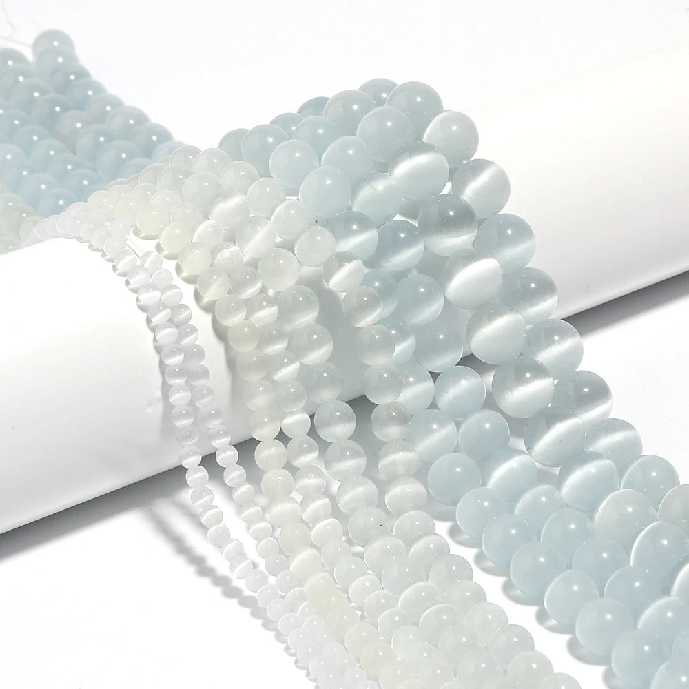 Natural Moon Stone Beads White Cat Eye Round Loose Beads 4/6/8/10/12mm Jewelry Making DIY Bracelet 15" Strand