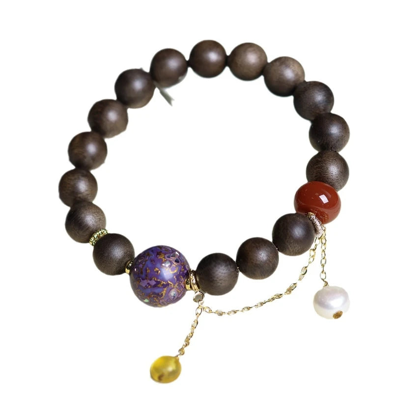 White Kyara Agarwood Mala Bracelet Lacquer Craft Nanhong Agate Amber Pearl New Chinese Style Wenwan Prayer Beads For Women
