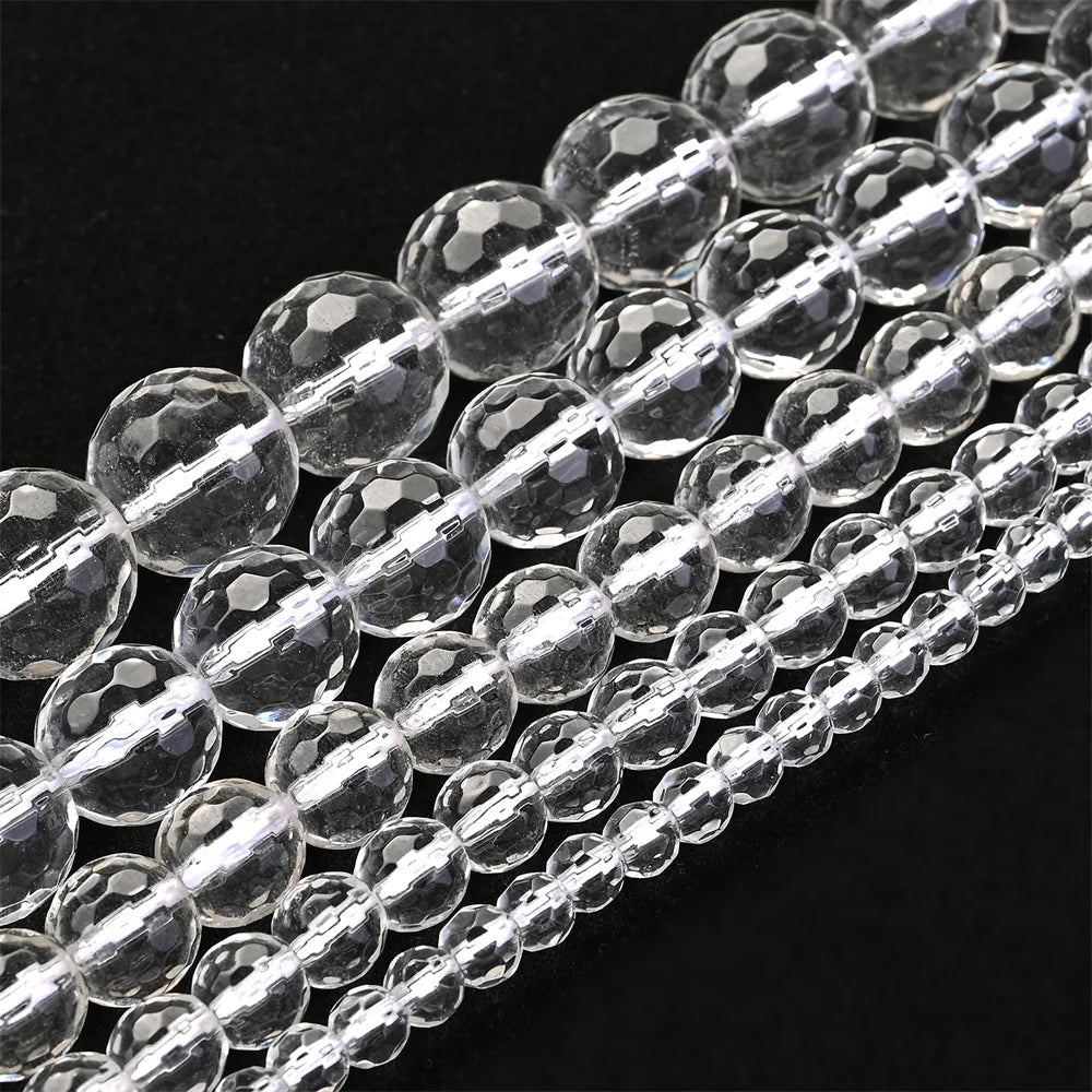 Natural Faceted Stone Beads White Clear Rock Crystals Quartz Glass Beads Round Loose Beads For Jewelry DIY Bracelets Accessorie