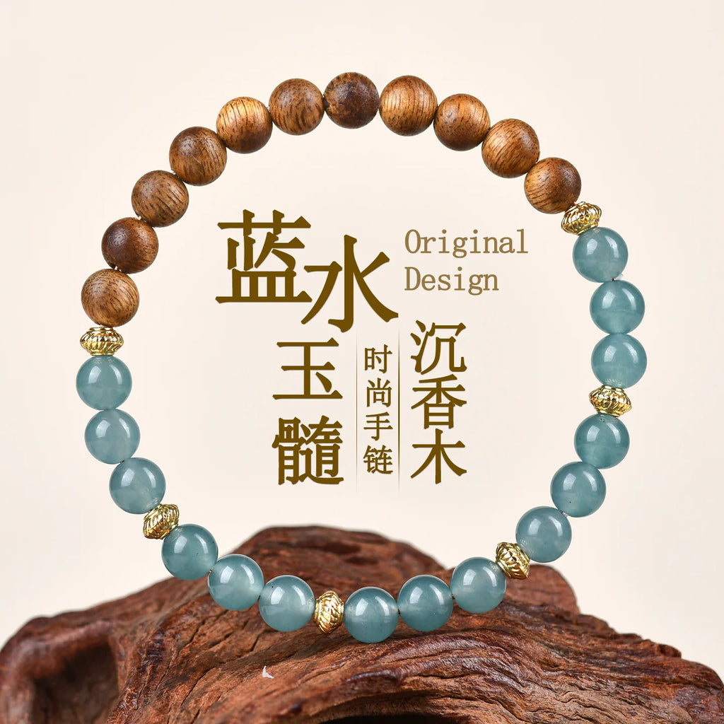 Blue Water Jade Agarwood Buddhist Bracelet for Women