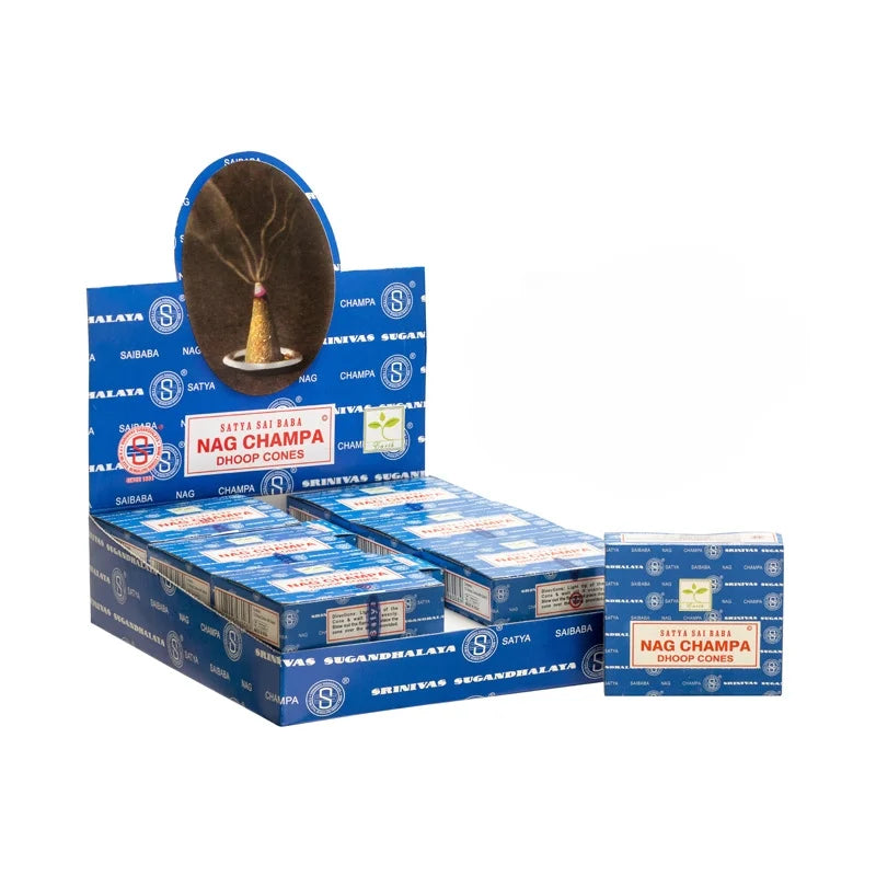 Nag Champa Dhoop SATYA Incense Cones Indian for Aromatic Smoke Fountain Haze Falls Clean Air Fragrance 12PCS
