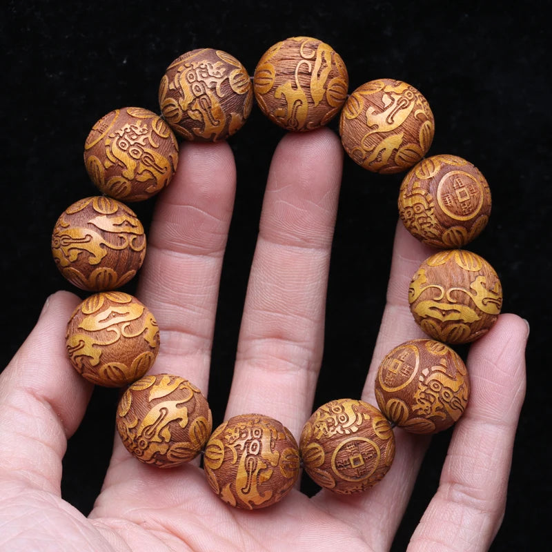 Natural Multicolor Wooden Bracelet Men's 20mm Elastic Bracelet Wooden Bead Lucky Sculpture Mythical Animal