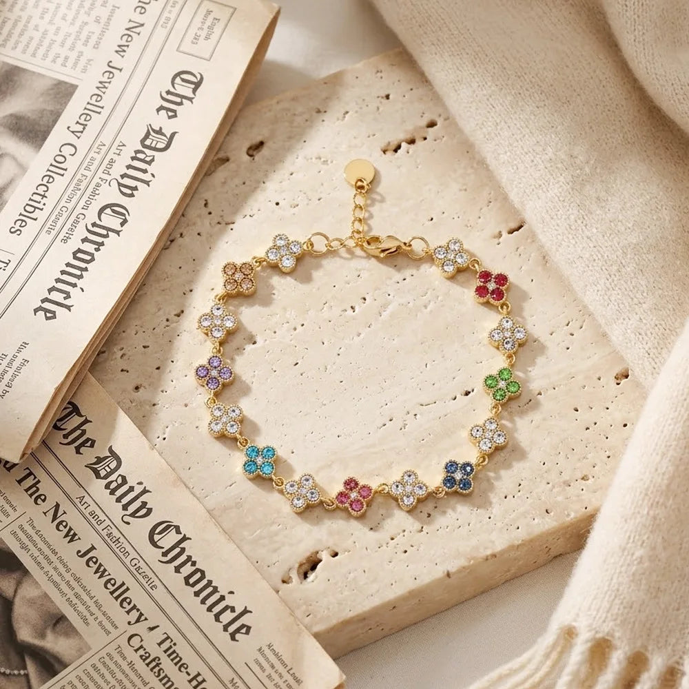 Stainless Steel Colorful Cubic Zirconia Flower Cover Bracelet Adjustable Four-Leaf Clover CZ Stone Flowers Jewelry for Women