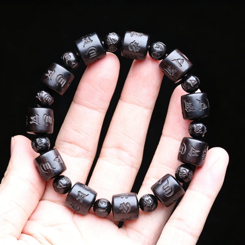 Natural Ebony Tibetan Six-Character Mantra Tibetan Buddhist Prayer Wheel Bracelet 12mmx12mm Universal