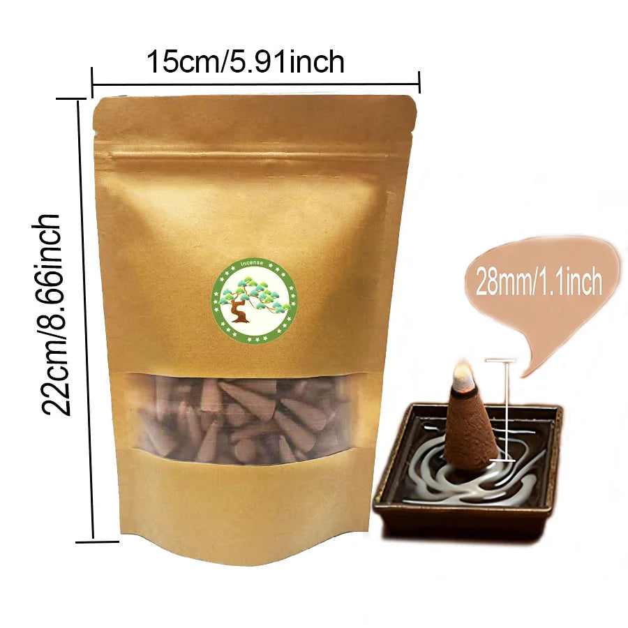 1 pack of 100/150 pcs high-quality coffee-scented incense cones, rich aroma, 20-minute burning time, long-lasting fragrance, suitable for home kitchens, living rooms, bedrooms, outdoor camping, gardens, and parties, sealed in a kraft paper bag