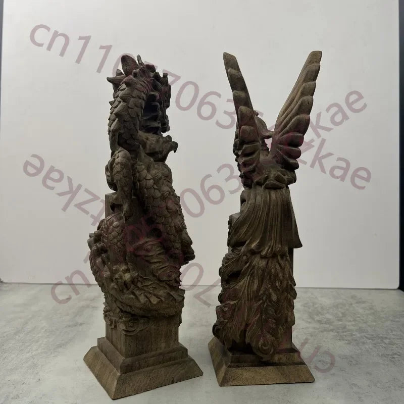 Hand-Carved Agarwood Dragon & Phoenix Statue - 7.9" Feng Shui Sculpture Home Decor Living Room Ornament