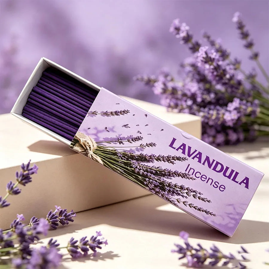1 Box Contains 30-35 Handcrafted Purple Lavender Incense Sticks, with a High-Quality Lavender Floral Scent, Suitable for Home, Indoor Use, Hotels, Outdoor Camping, Parties, Reading, Yoga, and as a Gift Box for Friends. Festive Atmosphere.