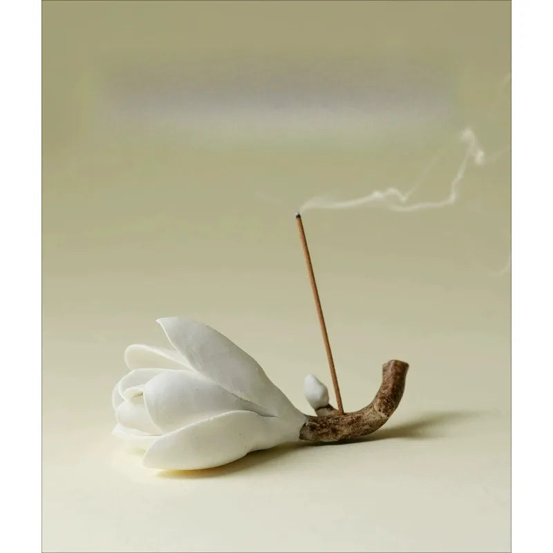 Heritage Magnolia Ceramic Zen Vessel, dual-purpose desk ornament functioning as calligraphy tube and agarwood aroma burner