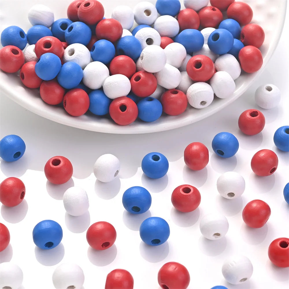 200Pcs 8mm Red White Blue Round Wooden Beads Smooth Spacer Beads For Diy Keychain Necklace Bracelet Jewelry Making Accessories