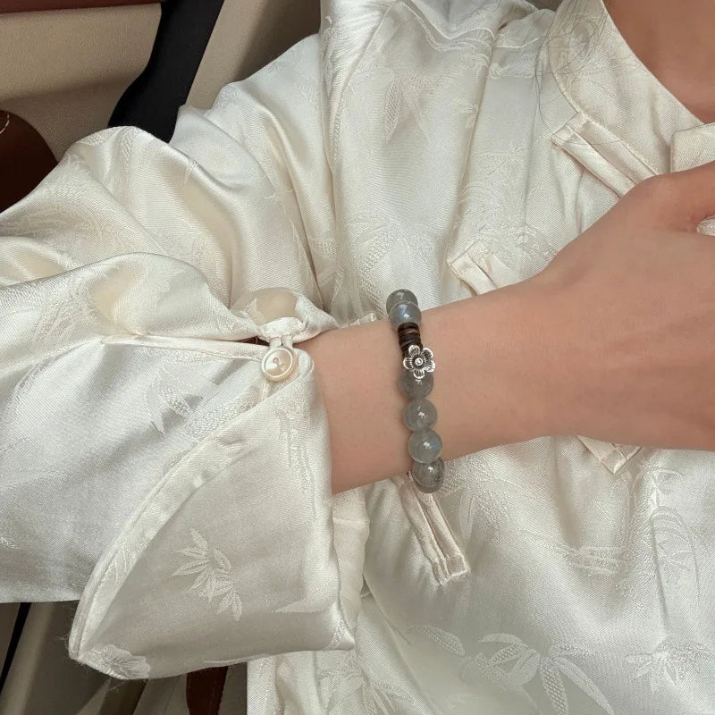 2026 Galaxy Flower Natural Grey Moonstone Crystal Beaded Bracelet Agarwood Chinese Style Zen Design Elegant Fashion Jewelry for