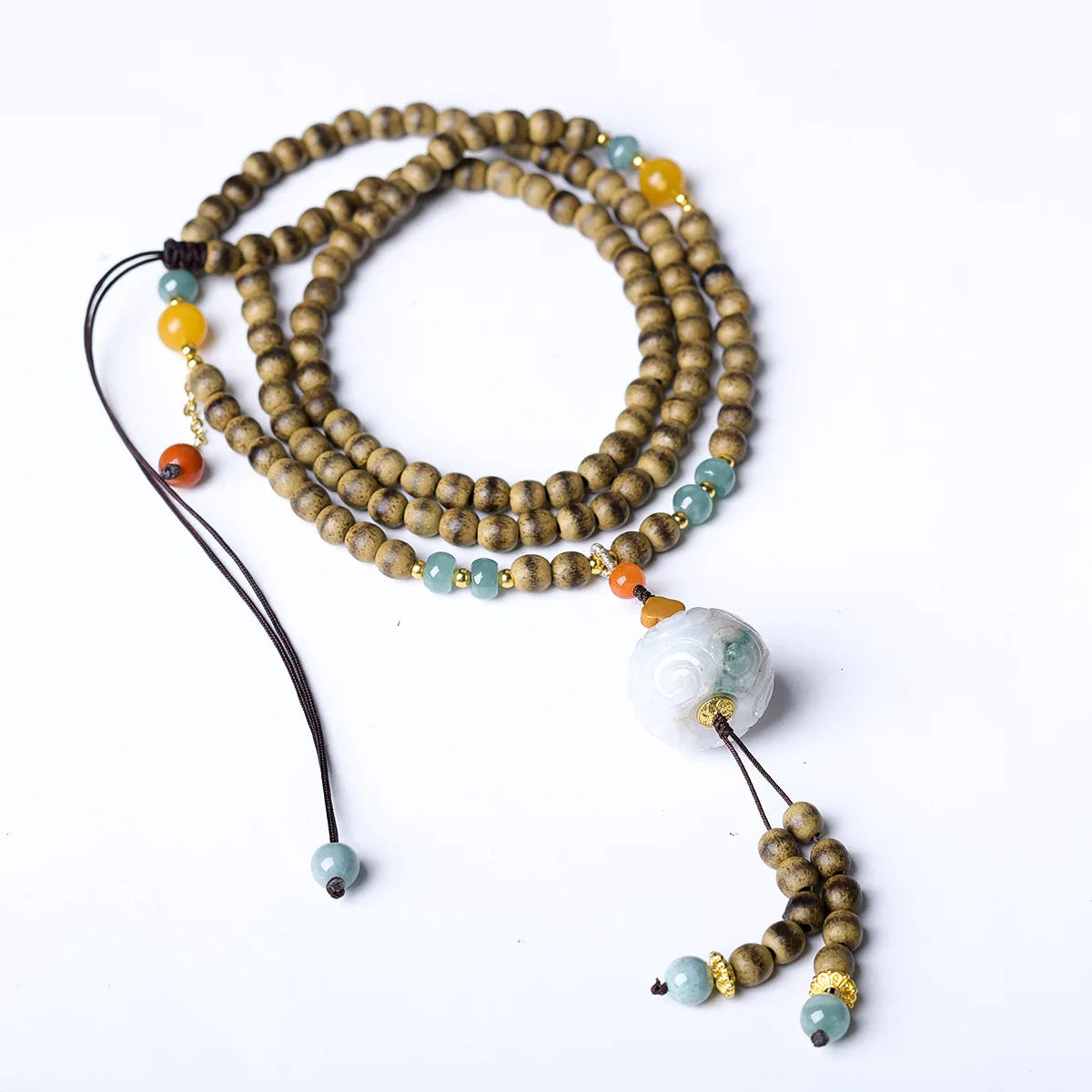 Handwoven First Grade Butter Agarwood Necklace with Carved Jade Pendant Chinese Style Sweater Chain Gifts