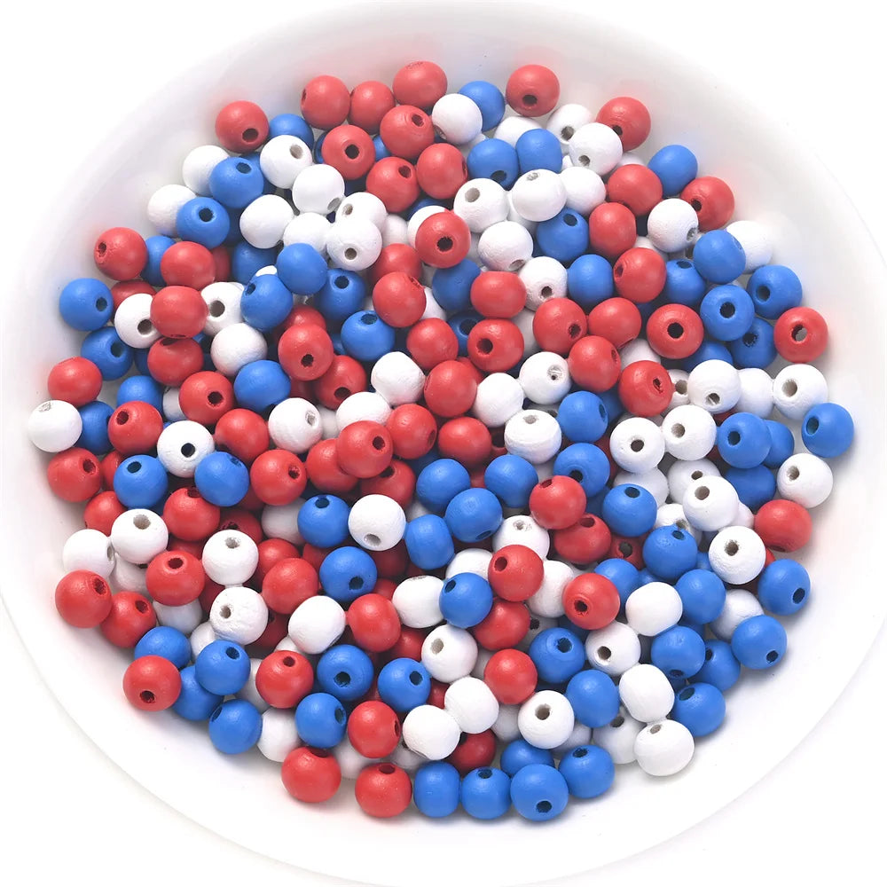 200Pcs 8mm Red White Blue Round Wooden Beads Smooth Spacer Beads For Diy Keychain Necklace Bracelet Jewelry Making Accessories