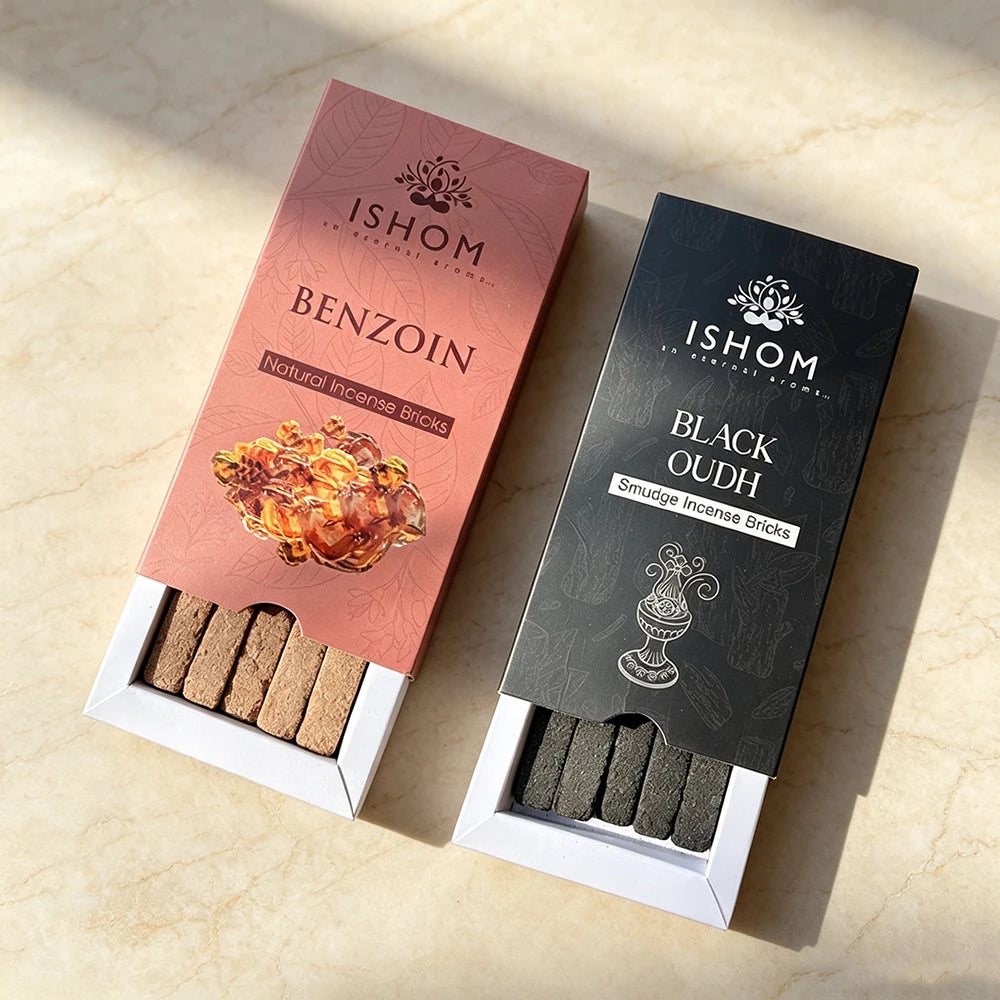 Handmade Indian Incense Bricks, BLACK OUDH & BENZOIN Natural Smudge Bricks with Base, Home Indoor Aroma Space‑Purifying Incense