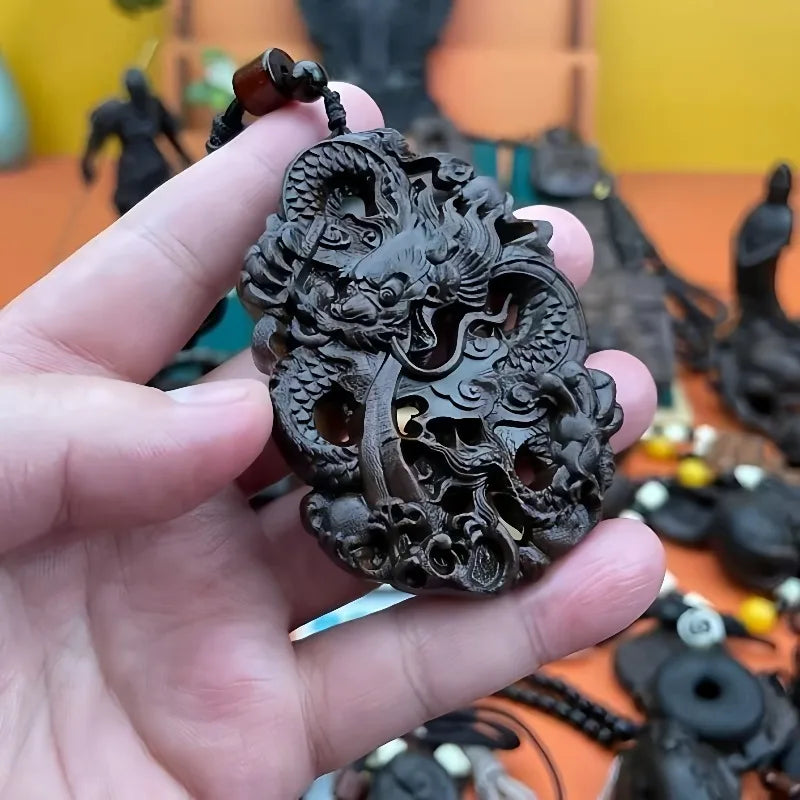 Hand-Carved Agarwood Dragon Pendant Necklace 10.5cm