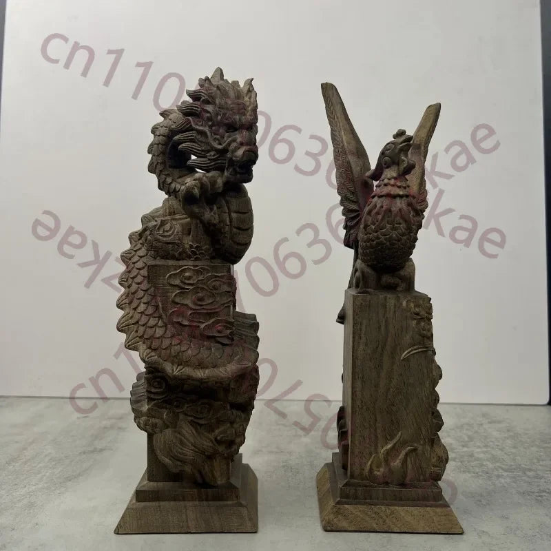 Hand-Carved Agarwood Dragon & Phoenix Statue - 7.9" Feng Shui Sculpture Home Decor Living Room Ornament
