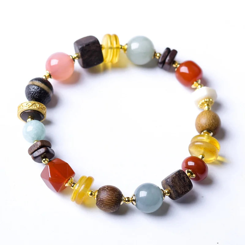 New Chinese-style amber multi-bead bracelet with barrel beads, agarwood, and southern red agate in traditional Chinese style