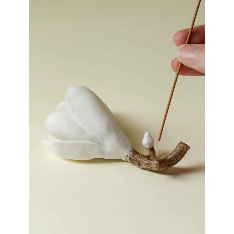 Heritage Magnolia Ceramic Zen Vessel, dual-purpose desk ornament functioning as calligraphy tube and agarwood aroma burner
