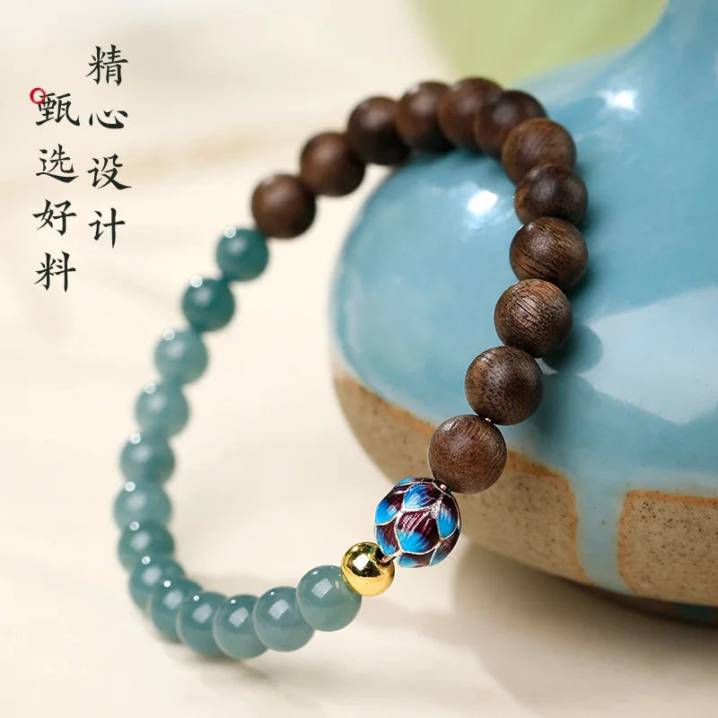 Natural Nha Trang Agarwood Bracelet with Blue Water Jadeite and Cloisonne Lotus Fortune Beads for Women Gifts