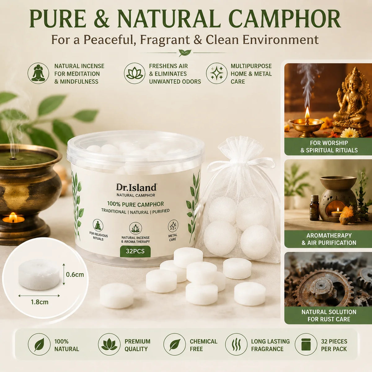 Natural Camphor Balls for Puja Aromatherapy, Alcanfor En Bloques, Odor Eliminator, Kapoor for Pooja, Home Fragrance 70 Grams (32