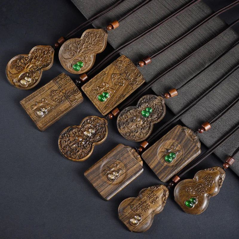 Agarwood Peace Tag Pendant Neckwear Fortune Carved Unisex Inlaid Craft Small Necklace Jewelry