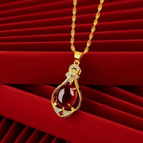 Red Crystal Water Drop Pendant Necklace 24K Gold Plated