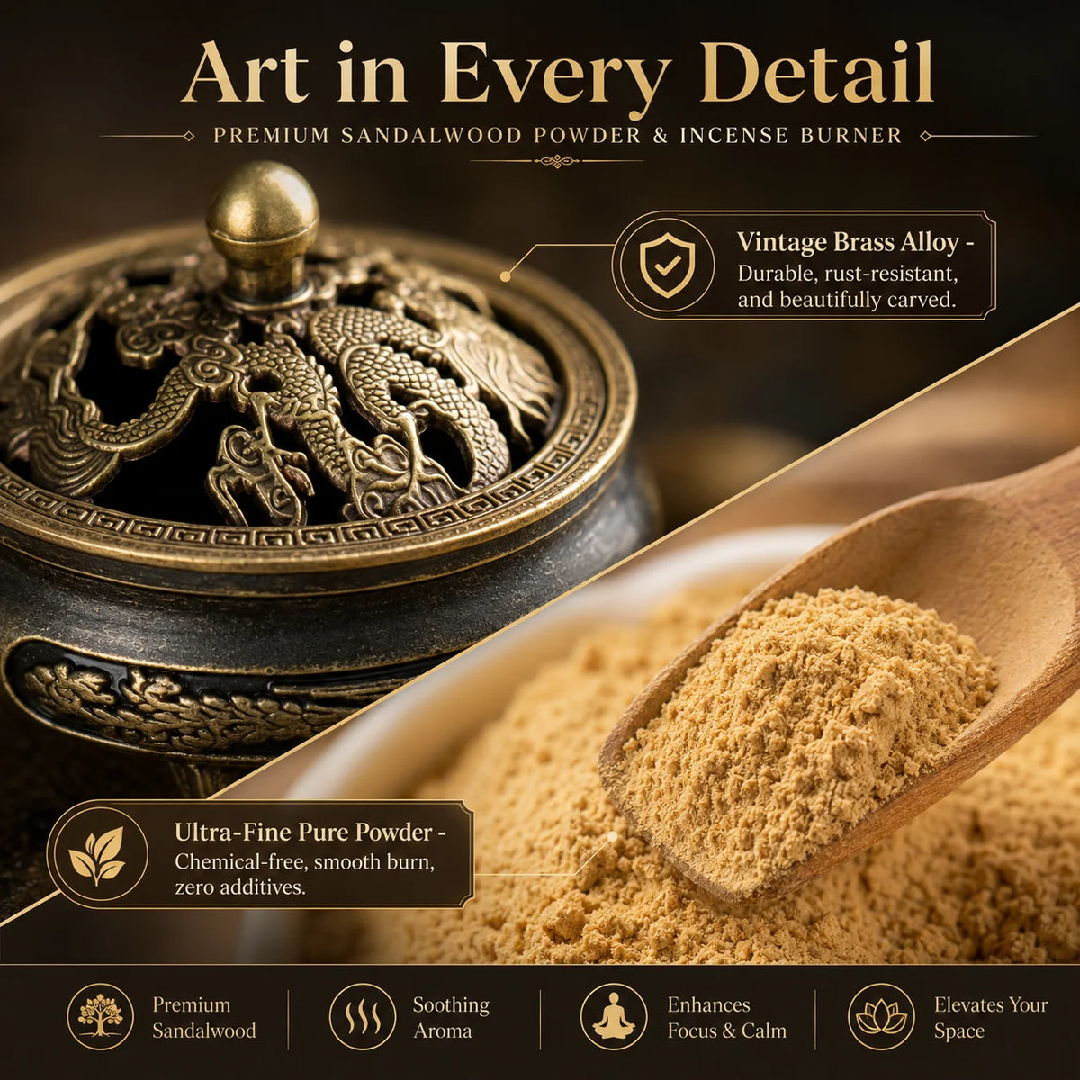 100% Pure Sandalwood Incense Powder 20g Kit Vintage Brass Burner Antique Dragon Censer For Zen Yoga Meditation Home Aromatherapy