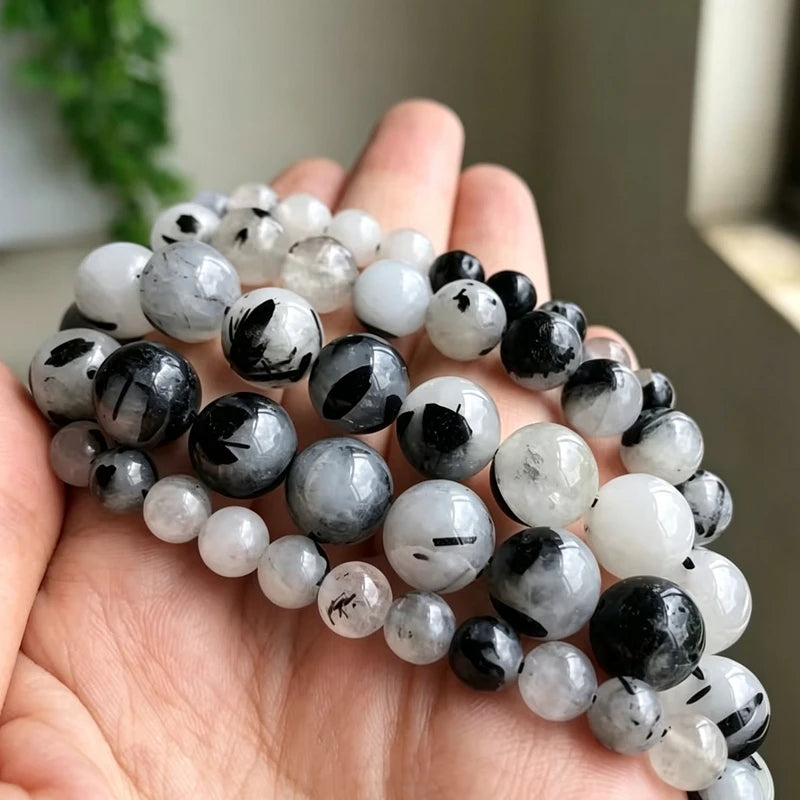 Natural Black Rutilated Quartz Crystals Round Loose Beads Handmade DIY Bracelet For Jewelry Making beads For Needlework