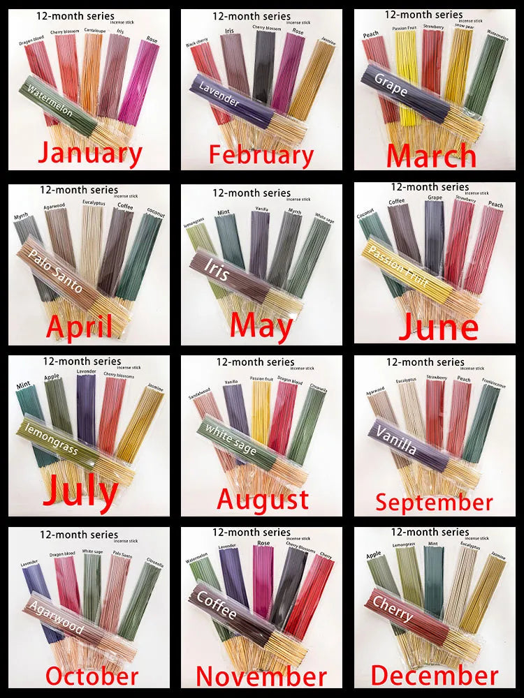 126 Pieces/6 Sets, 12-Month Seasonal Series Combination Set of 22cm Incense Sticks, Including Sandalwood, Agarwood, Dragon's Blood, Cherry, Rose, Jasmine, Watermelon, Strawberry, Cherry, Passion Fruit, Iris, Lavender,