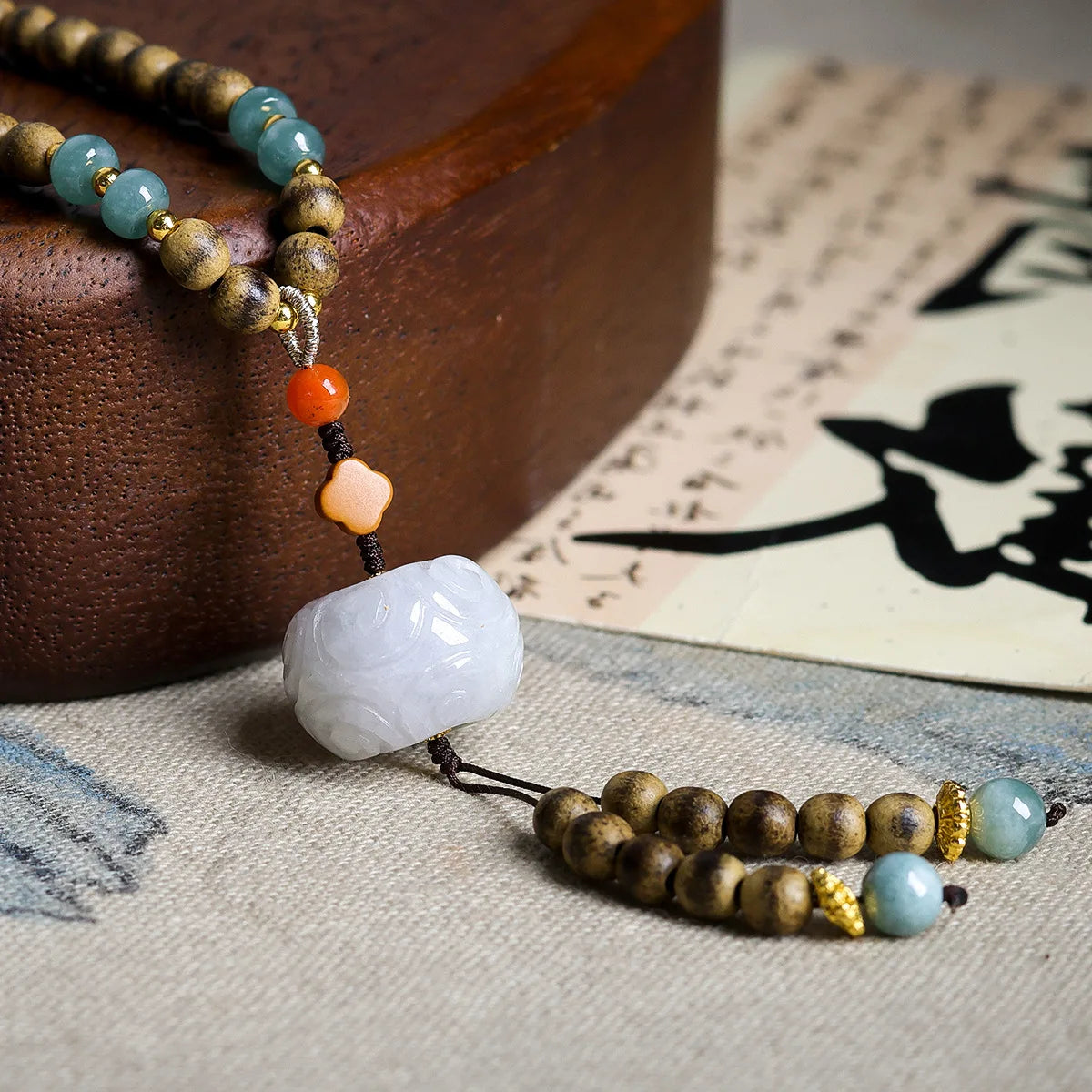 Handwoven First Grade Butter Agarwood Necklace with Carved Jade Pendant Chinese Style Sweater Chain Gifts
