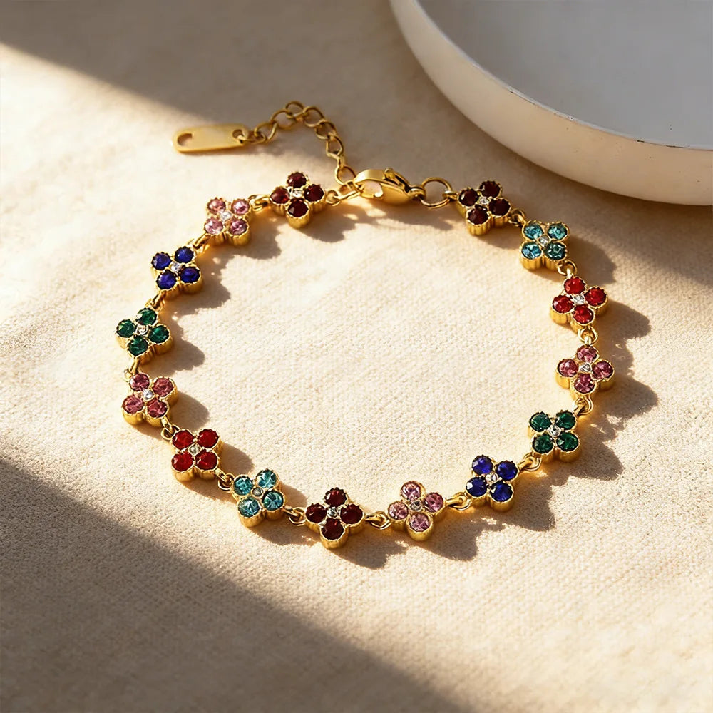Stainless Steel Colorful Cubic Zirconia Flower Cover Bracelet Adjustable Four-Leaf Clover CZ Stone Flowers Jewelry for Women